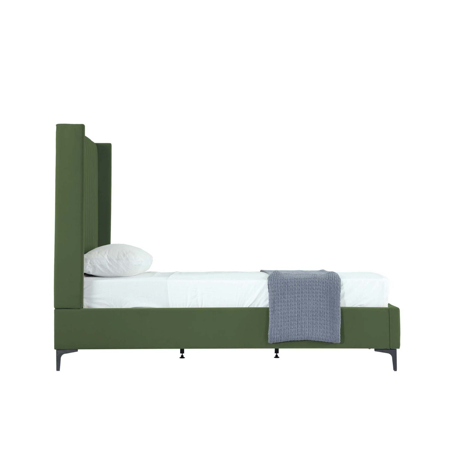 Promenade bed with green upholstered tall headboard and slats on Tampa Home & Garden Store