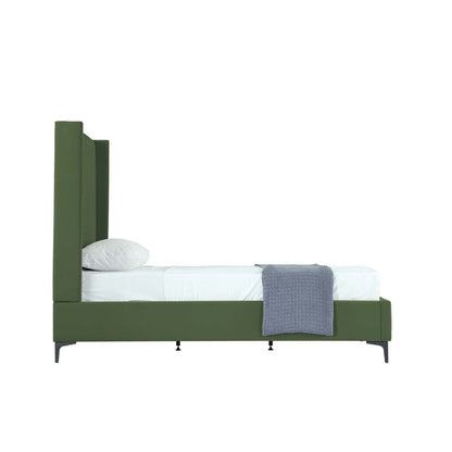 Promenade bed with green upholstered tall headboard and slats on Tampa Home & Garden Store