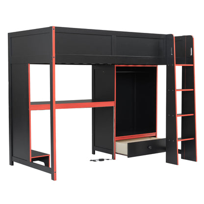 Gaming Loft Bed with Desk, Wardrobe, LED Lighting and Drawer in black with red trim on Tampa Home & Garden Store