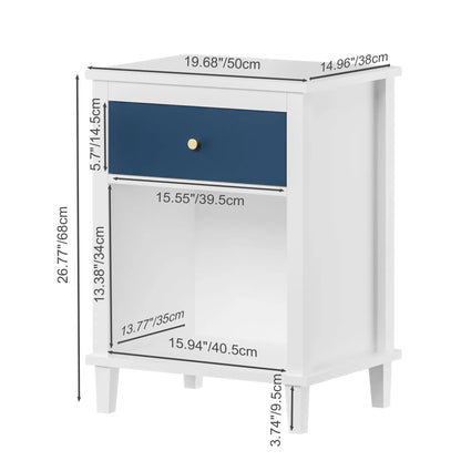 Nightstand with 1 drawer and 1 shelf, white frame, blue drawer front, gold knob on Tampa Home & Garden Store