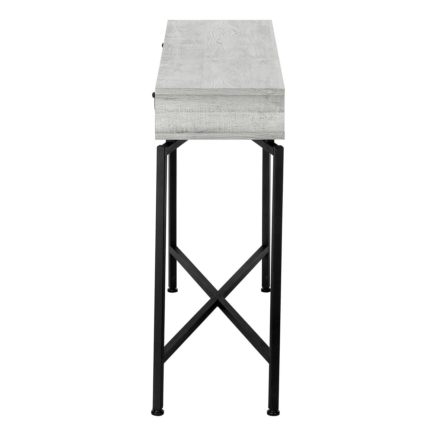 Accent console table with weathered gray wood top and black metal legs with storage drawer on Tampa Home & Garden Store