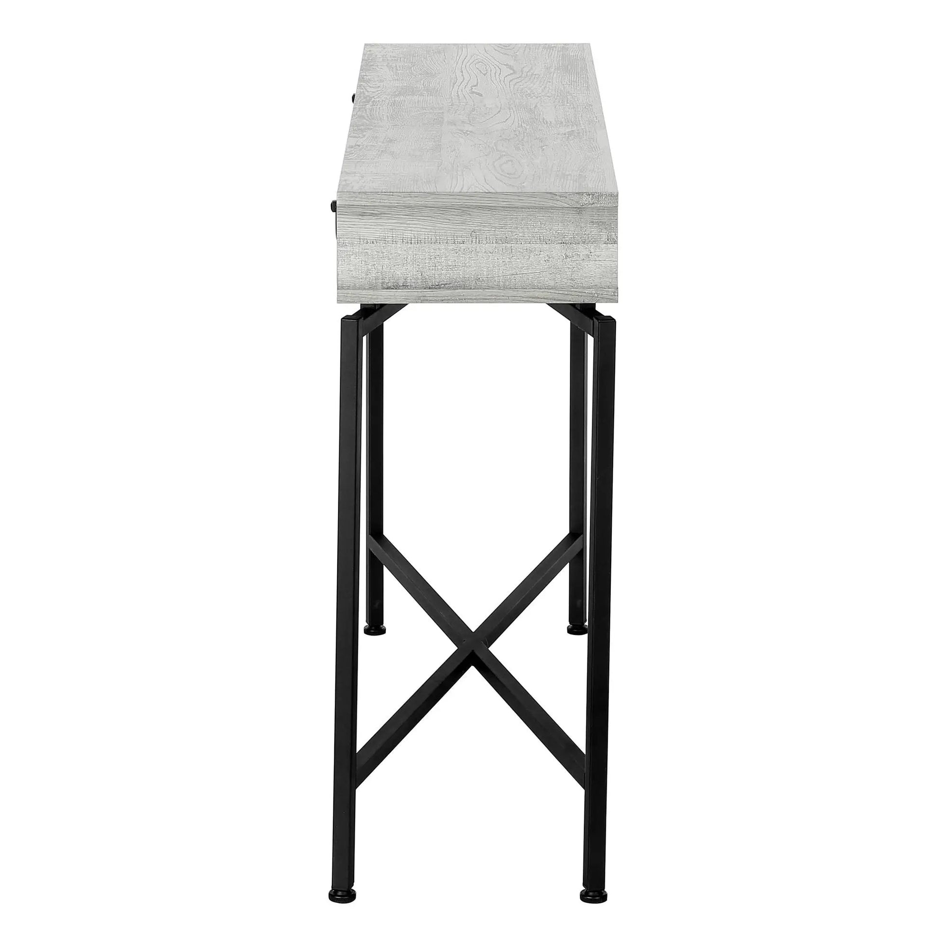 Accent console table with weathered gray wood top and black metal legs with storage drawer on Tampa Home & Garden Store