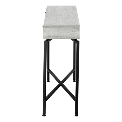 Accent console table with weathered gray wood top and black metal legs with storage drawer on Tampa Home & Garden Store