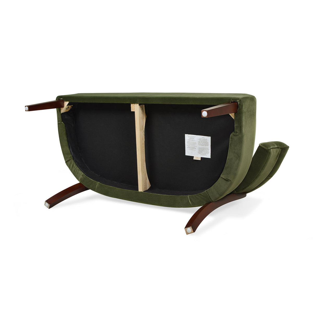 Jared versatile roll-arm tufted bench settee in green plush upholstery with wooden legs on Tampa Home & Garden Store
