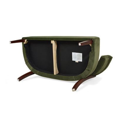 Jared versatile roll-arm tufted bench settee in green plush upholstery with wooden legs on Tampa Home & Garden Store