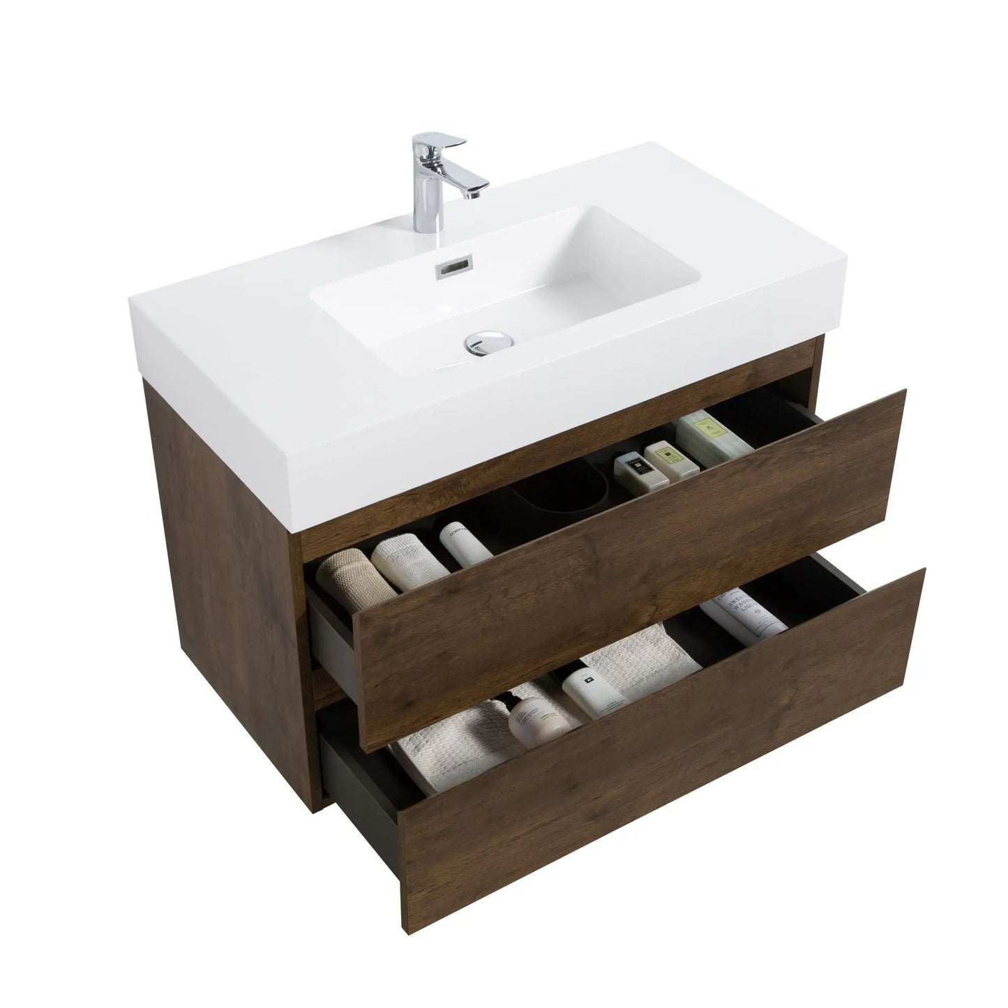 Alice wall-mounted bathroom vanity with white sink and dark wood drawers, open storage on Tampa Home & Garden Store
