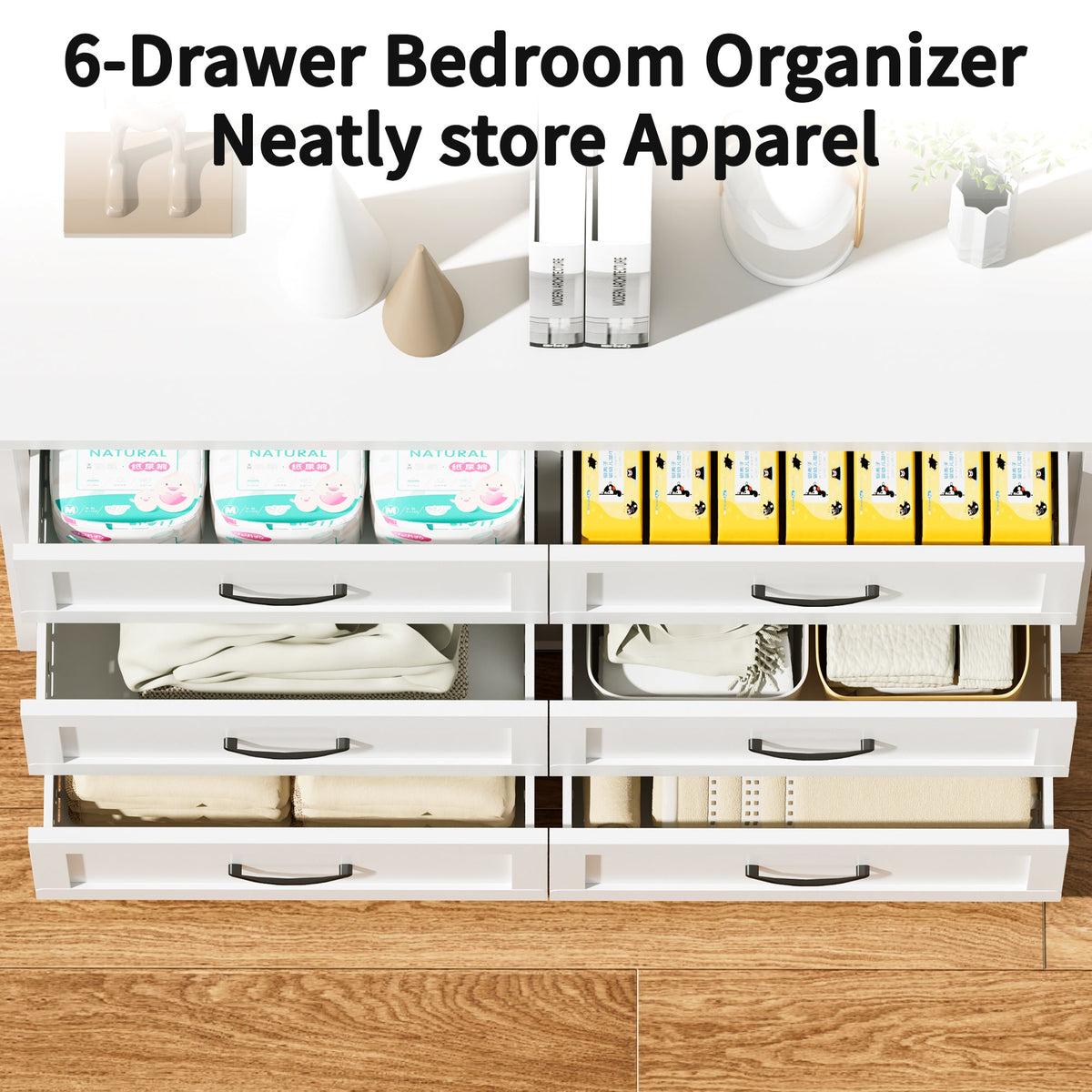 6-Drawer Dresser by HouseOfZazla in white finish with black handles, bedroom storage display on Tampa Home & Garden Store