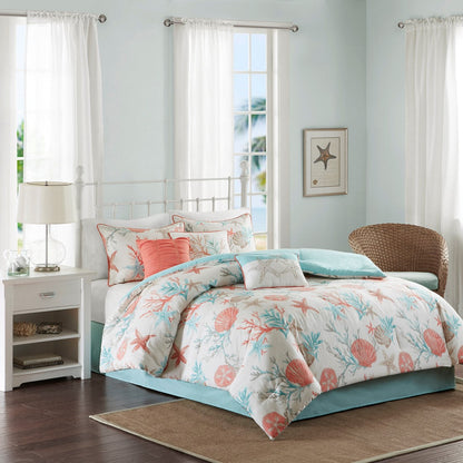 7 Piece Cotton Sateen Comforter Set Coral Queen bedding with coral reef print and aqua trim on Tampa Home & Garden Store