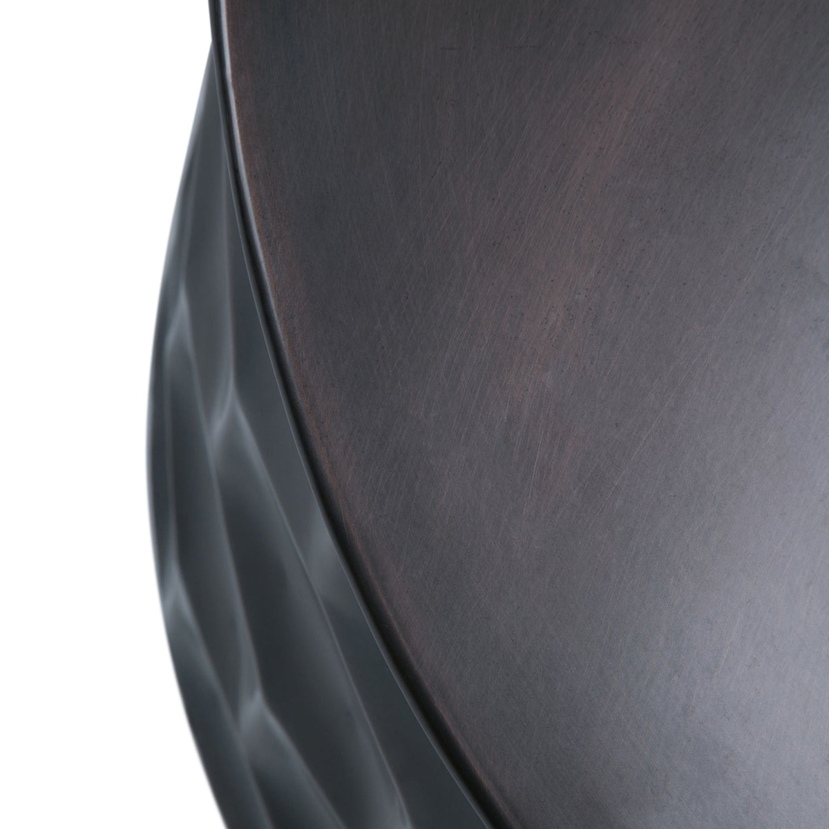 Handcrafted metal storage coffee table close-up of dark brushed surface with angular leg on Tampa Home & Garden Store