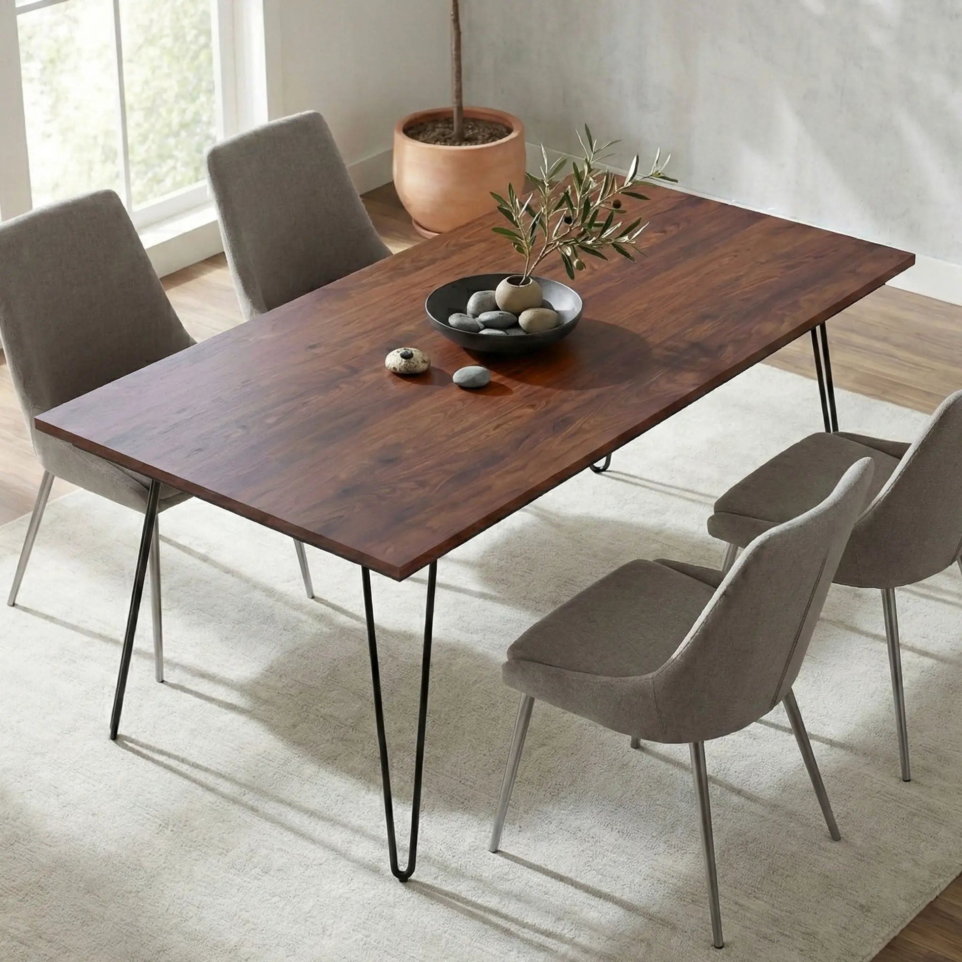 Hunter Handcrafted Dining Table in dark walnut with black metal hairpin legs on Tampa Home & Garden Store
