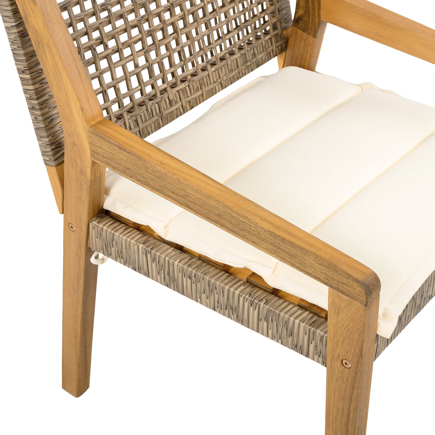 Outdoor Dining Chair Set of 4 with acacia wood frame, wicker back, cream cushions on Tampa Home & Garden Store