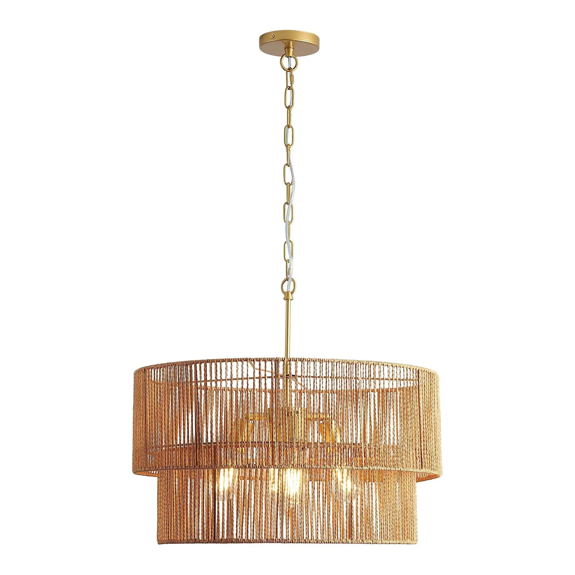 Chandelier 2-Tier Boho Wabi Sabi pendant light with gold chain and woven rattan shade on Tampa Home & Garden Store
