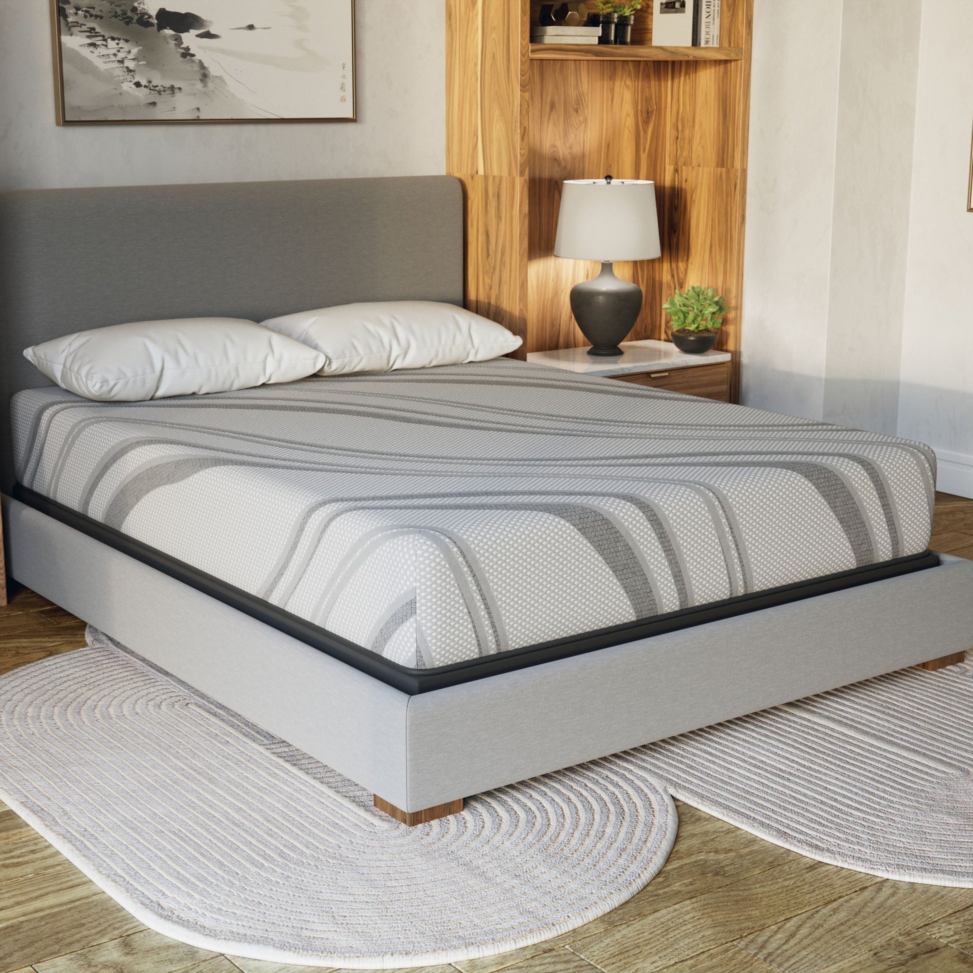 Bib Nl 10in Pro Gel Foam Mattress hybrid by HouseOfZazla on gray bed with wood wall on Tampa Home & Garden Store