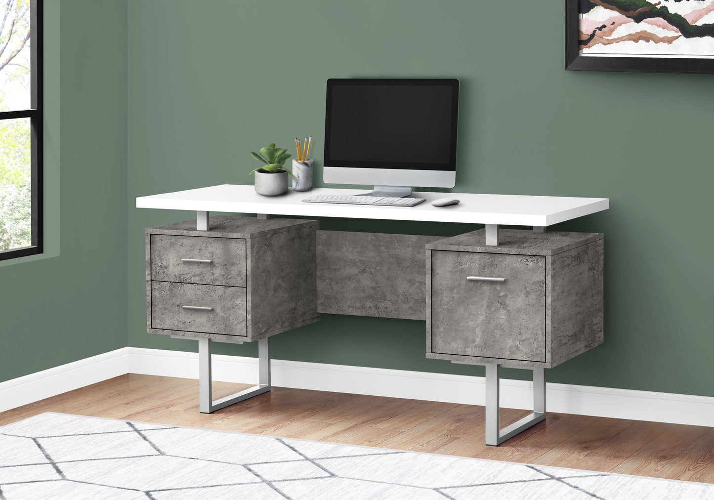 Writing desk HouseOfZazla with two concrete-gray storage drawer pedestals, white top on Tampa Home & Garden Store