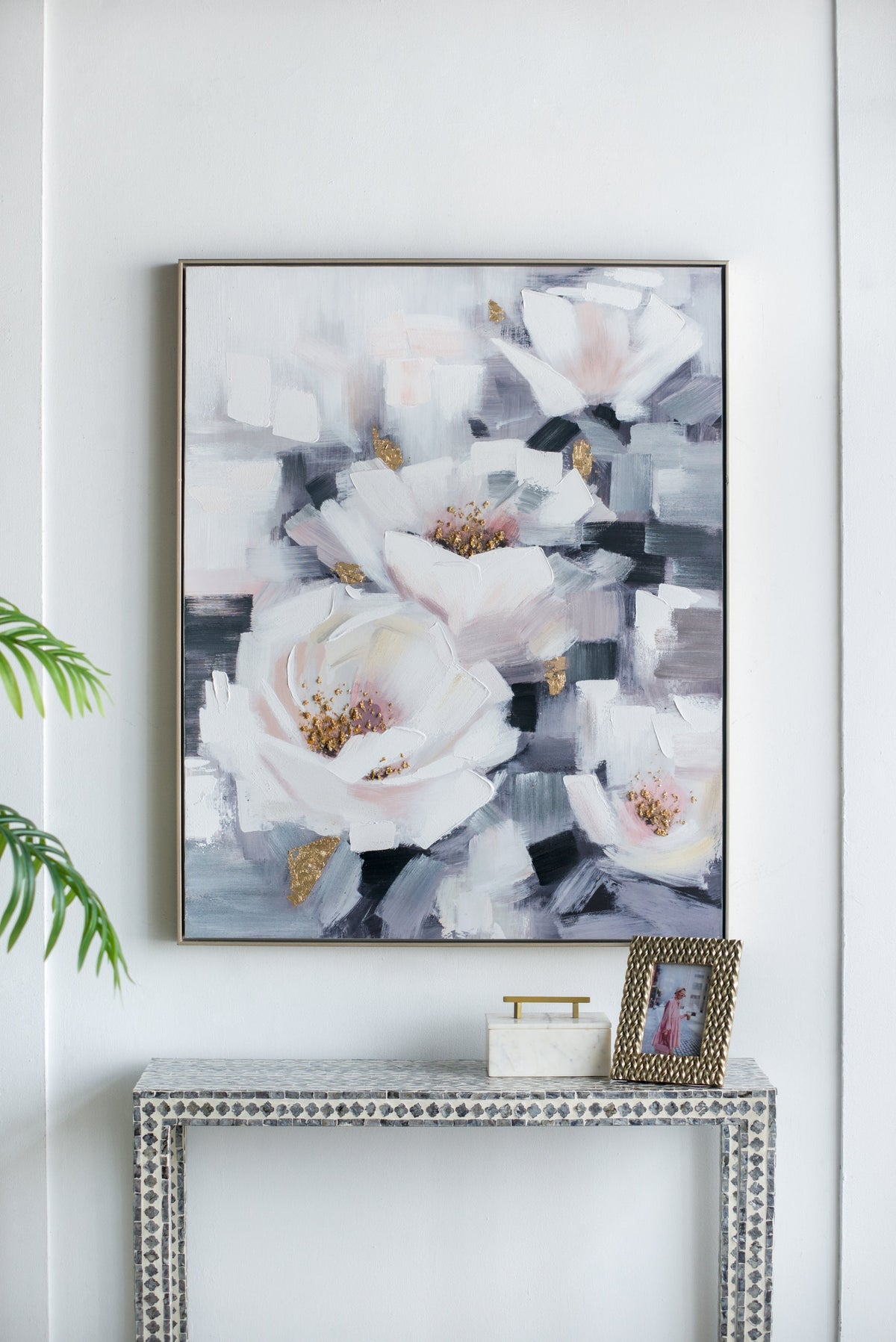 Sarah Framed Floral Wall Art by HouseOfZazla, hand-painted canvas in muted blue and pink on Tampa Home & Garden Store