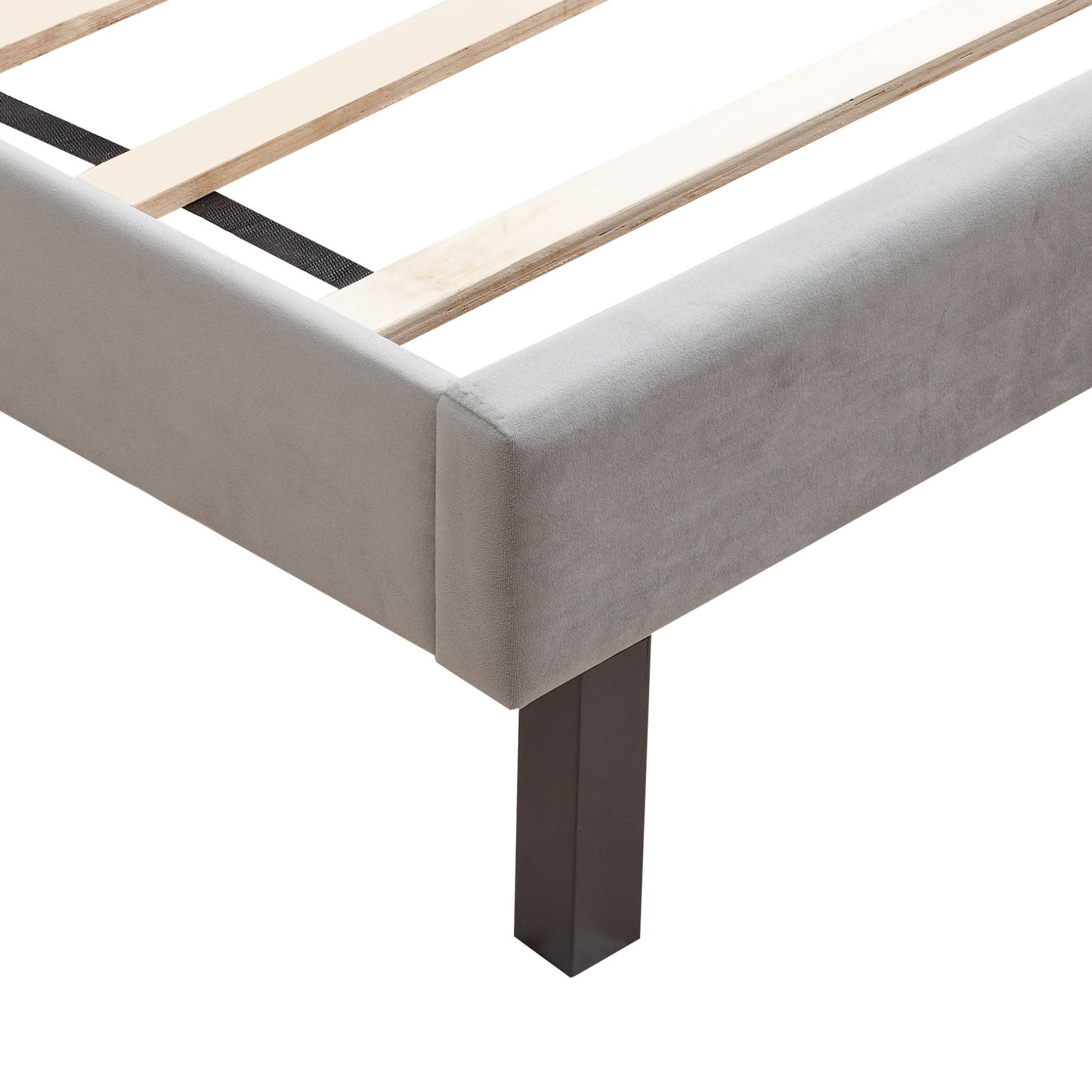 Queen platform upholstered bed gray fabric with curved silhouette and light wood slats on Tampa Home & Garden Store