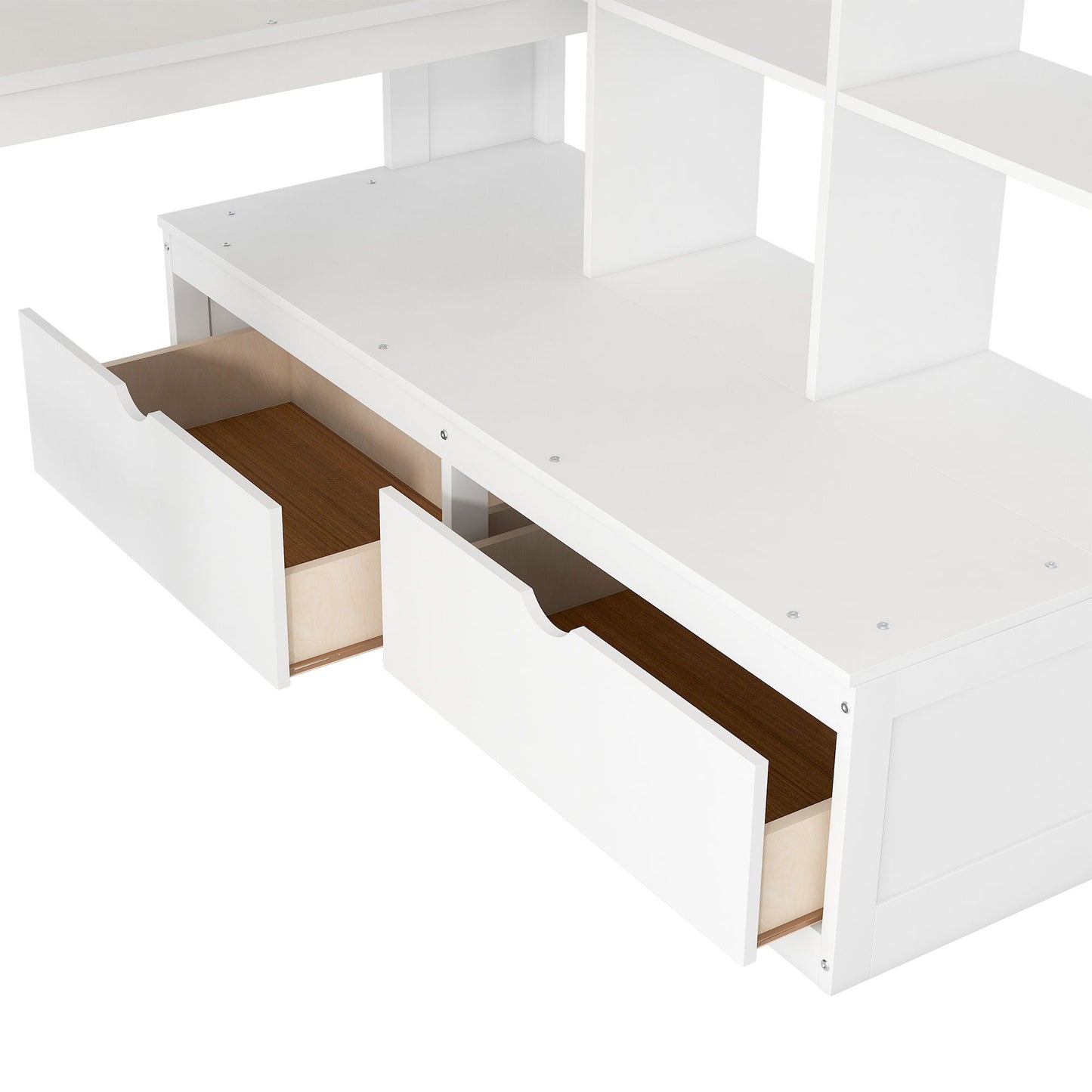 White full-size loft bed with desk and shelving, two built-in drawers on Tampa Home & Garden Store