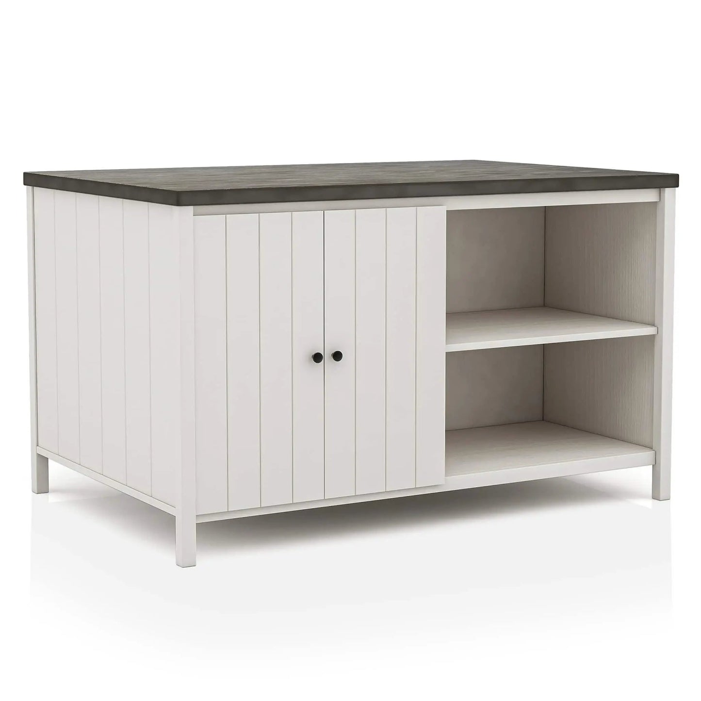 Counter height dining table with storage base, dark gray top and off-white doors on Tampa Home & Garden Store