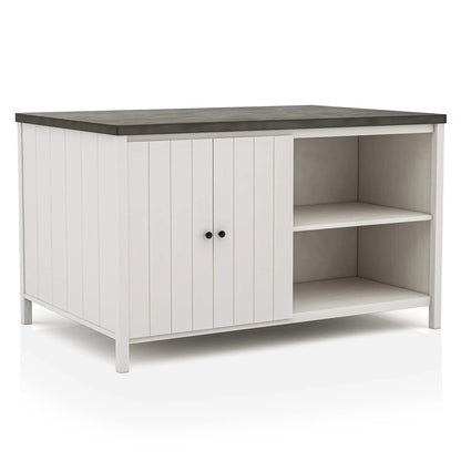 Counter height dining table with storage base, dark gray top and off-white doors on Tampa Home & Garden Store