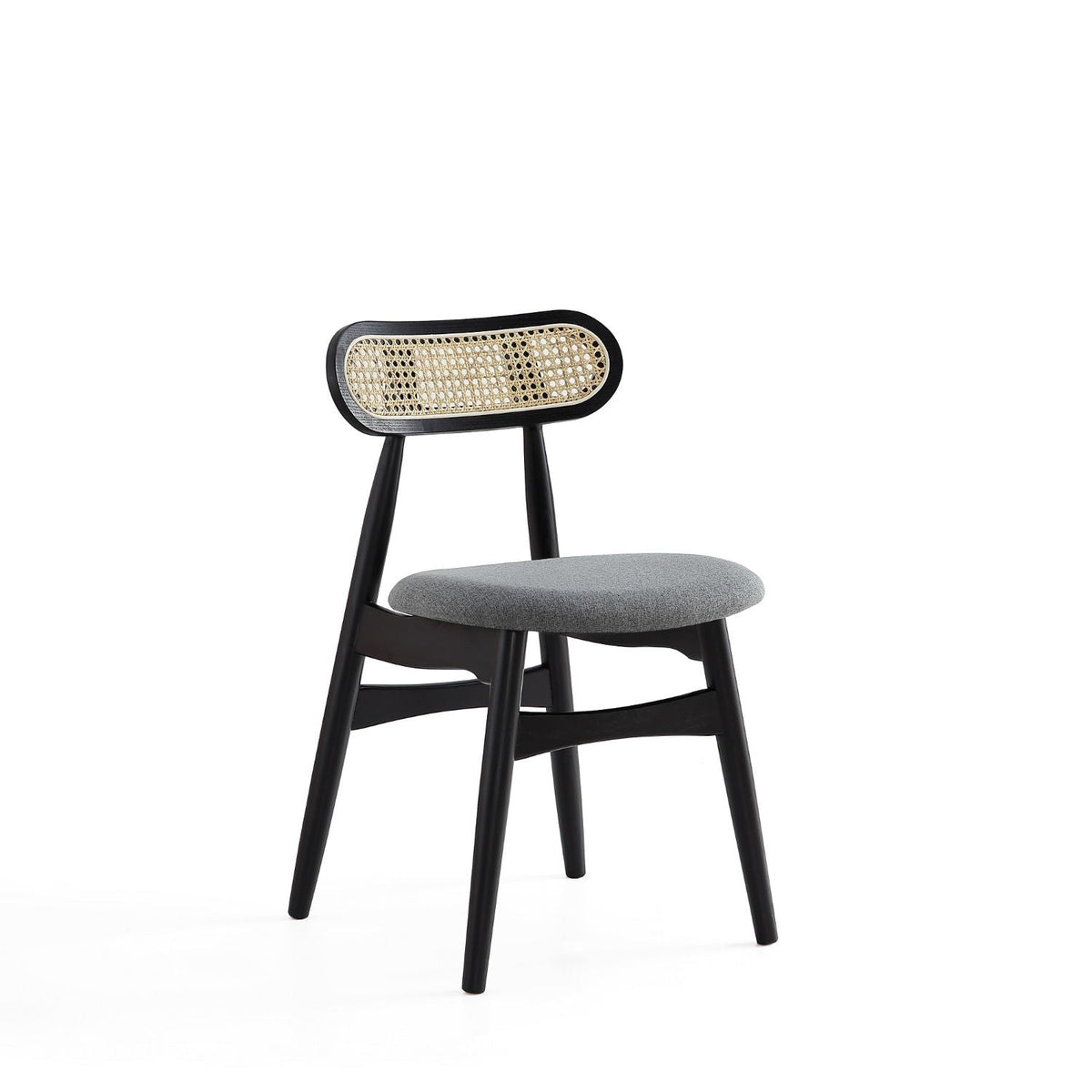 Dining chair set with cane backrest in black frame and gray upholstered seat on Tampa Home & Garden Store