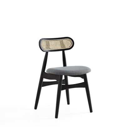 Dining chair set with cane backrest in black frame and gray upholstered seat on Tampa Home & Garden Store