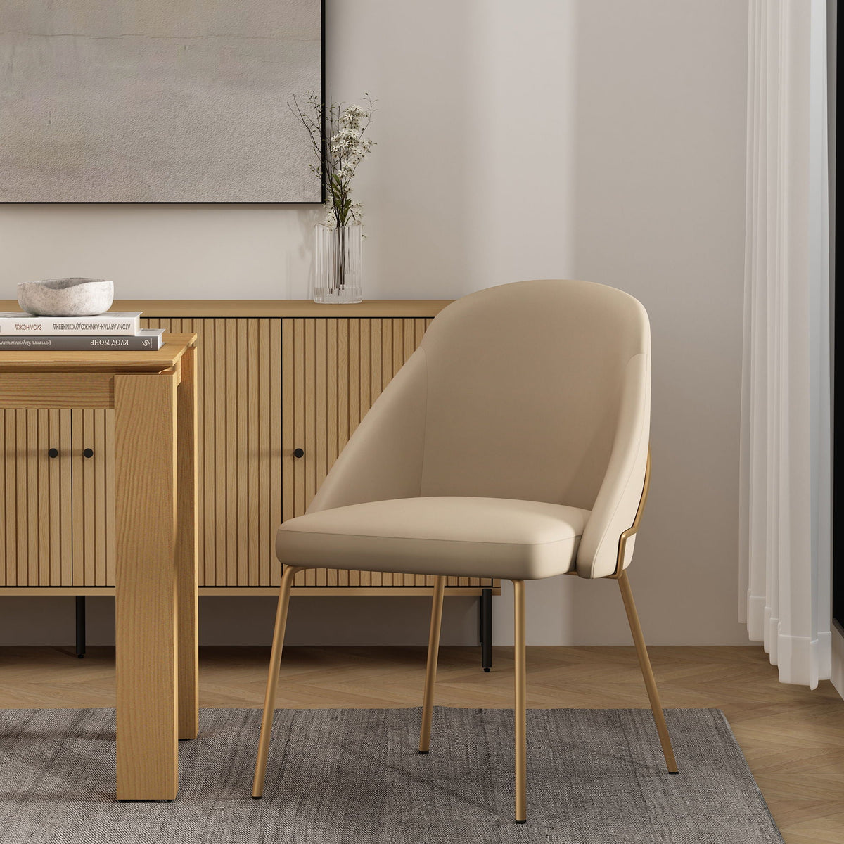 Upholstered dining chair with high-density foam in beige, modern side chair with slim gold legs on Tampa Home & Garden Store