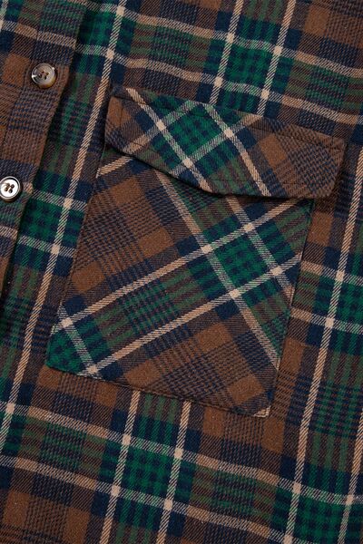 Stevvex plaid button-up jacket, brown-green cotton-blend, chest pocket, lightweight coat on Tampa Home & Garden Store