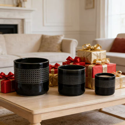 Black ceramic garden pots & planters, 3-piece set with textured square-grid band on Tampa Home & Garden Store