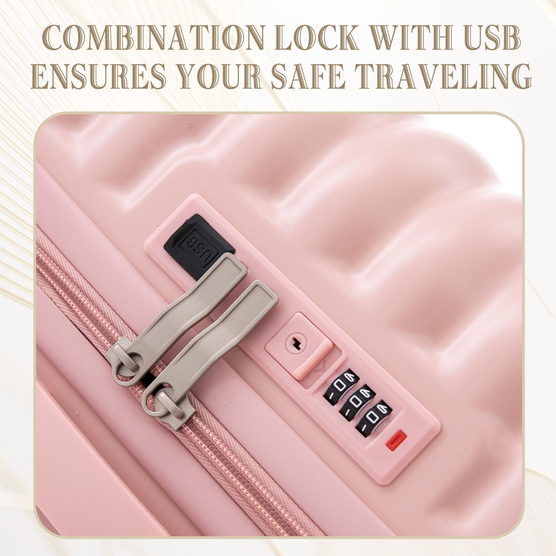 Pink luggage close-up with a numeric combo lock and pink zipper pulls on Tampa Home & Garden Store