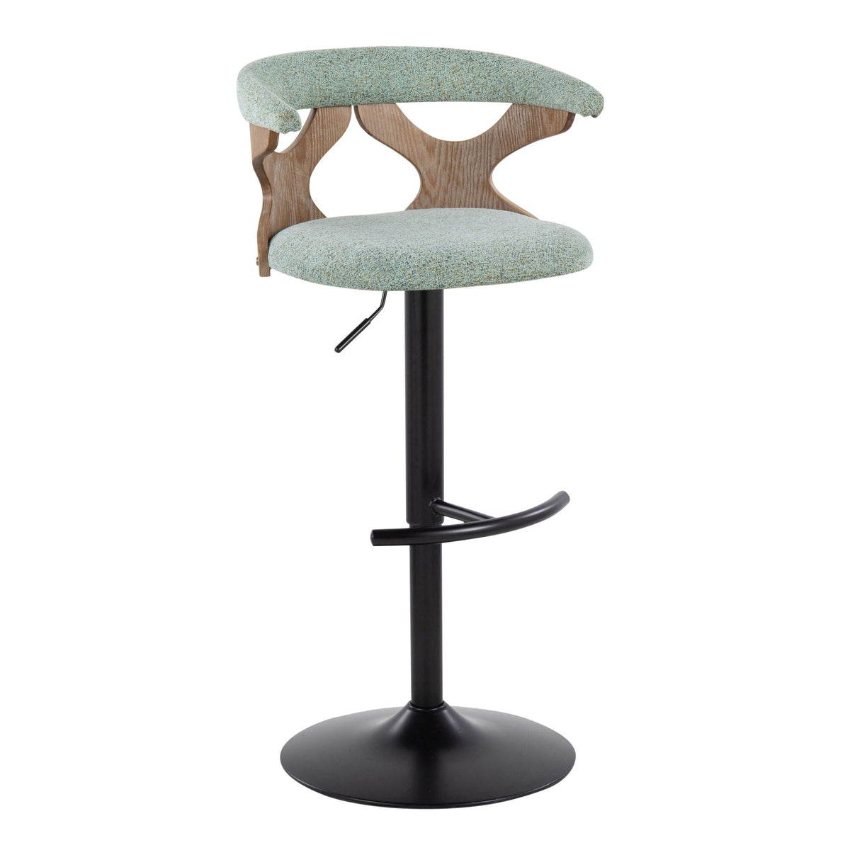 Barstool set with swivel teal speckled upholstery rounded T footrest curved wood back on Tampa Home & Garden Store