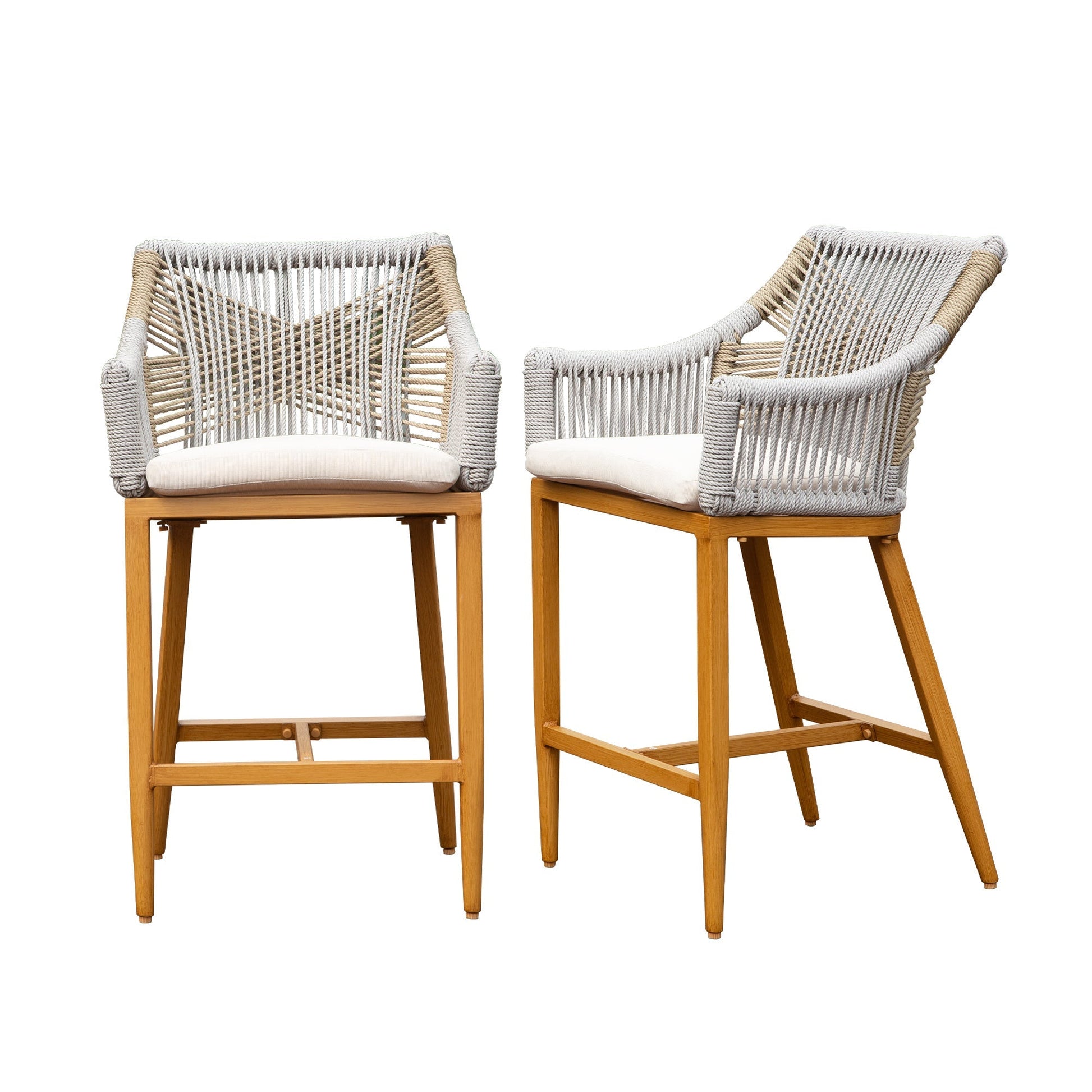 Outdoor bar stools set of 2 with arms and backrest; rope-woven backs; wooden legs on Tampa Home & Garden Store