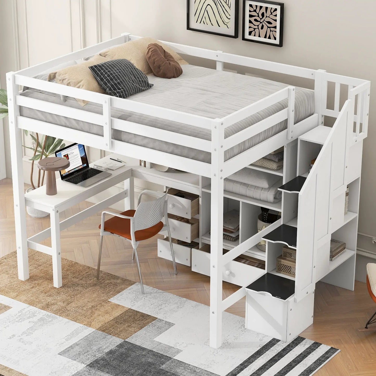 Loft Bed and L Shaped Desk With Storage Drawers
