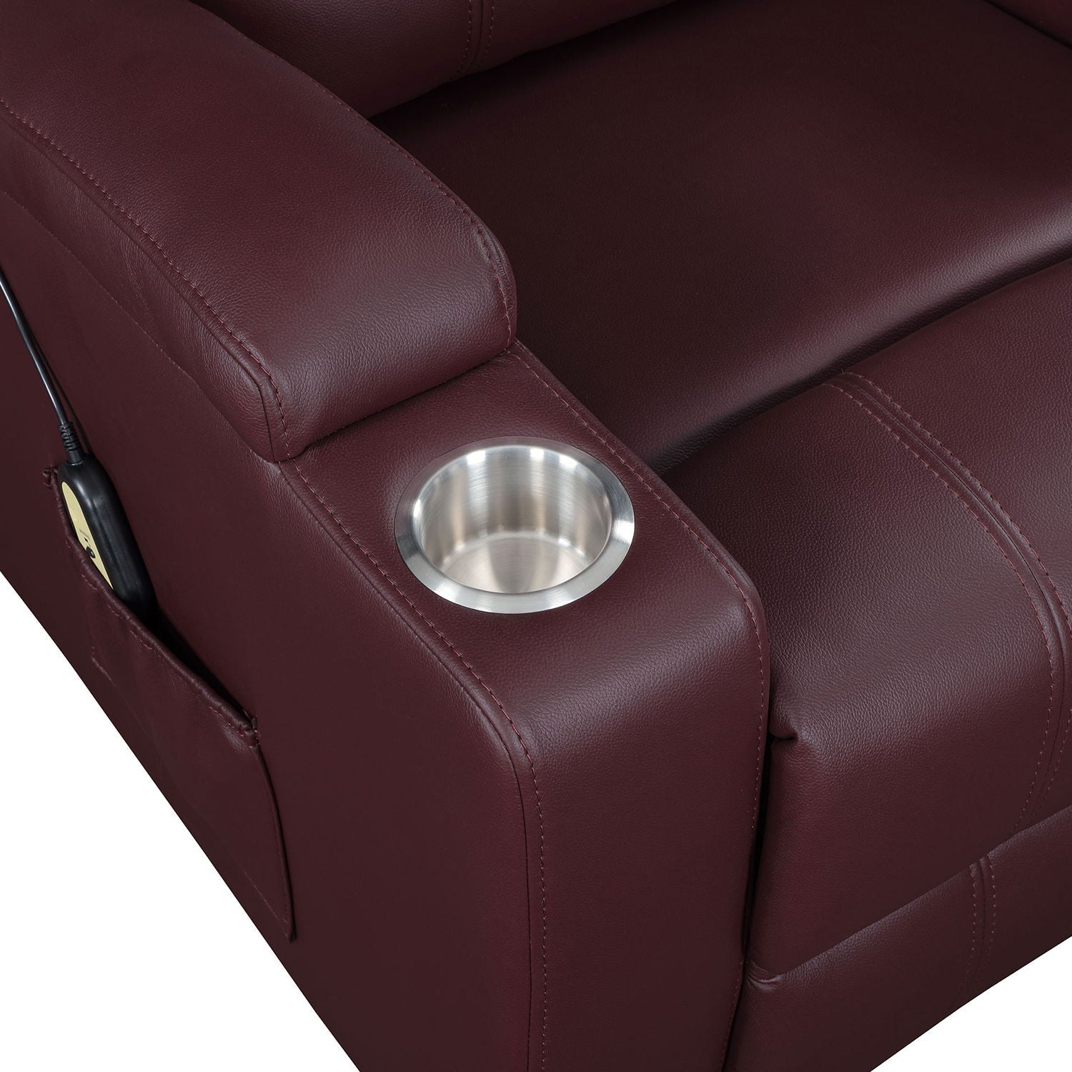 Macklin power lift massage recliner with heat and dual cupholders in burgundy leather on Tampa Home & Garden Store