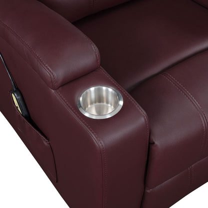 Macklin power lift massage recliner with heat and dual cupholders in burgundy leather on Tampa Home & Garden Store