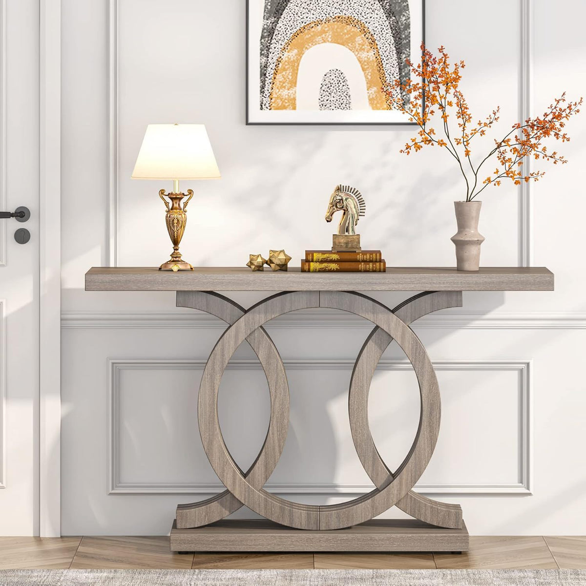 Console table gray wood with circular geometric base by HouseOfZazla on Tampa Home & Garden Store