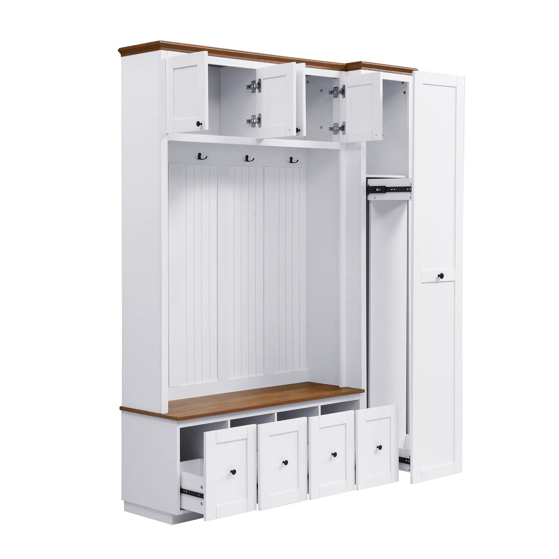 Entryway hall tree with storage bench, coat rack and white cabinets with brown trim on Tampa Home & Garden Store