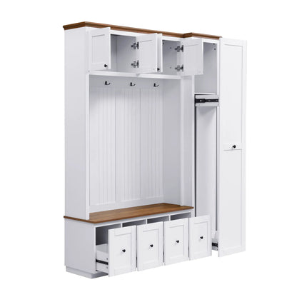 Entryway hall tree with storage bench, coat rack and white cabinets with brown trim on Tampa Home & Garden Store