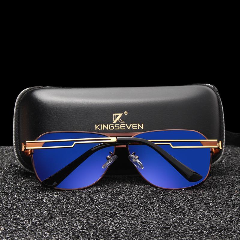 Stevvex square polarized sunglasses with blue mirrored lenses and gold alloy frame KINGSEVEN case on Tampa Home & Garden Store