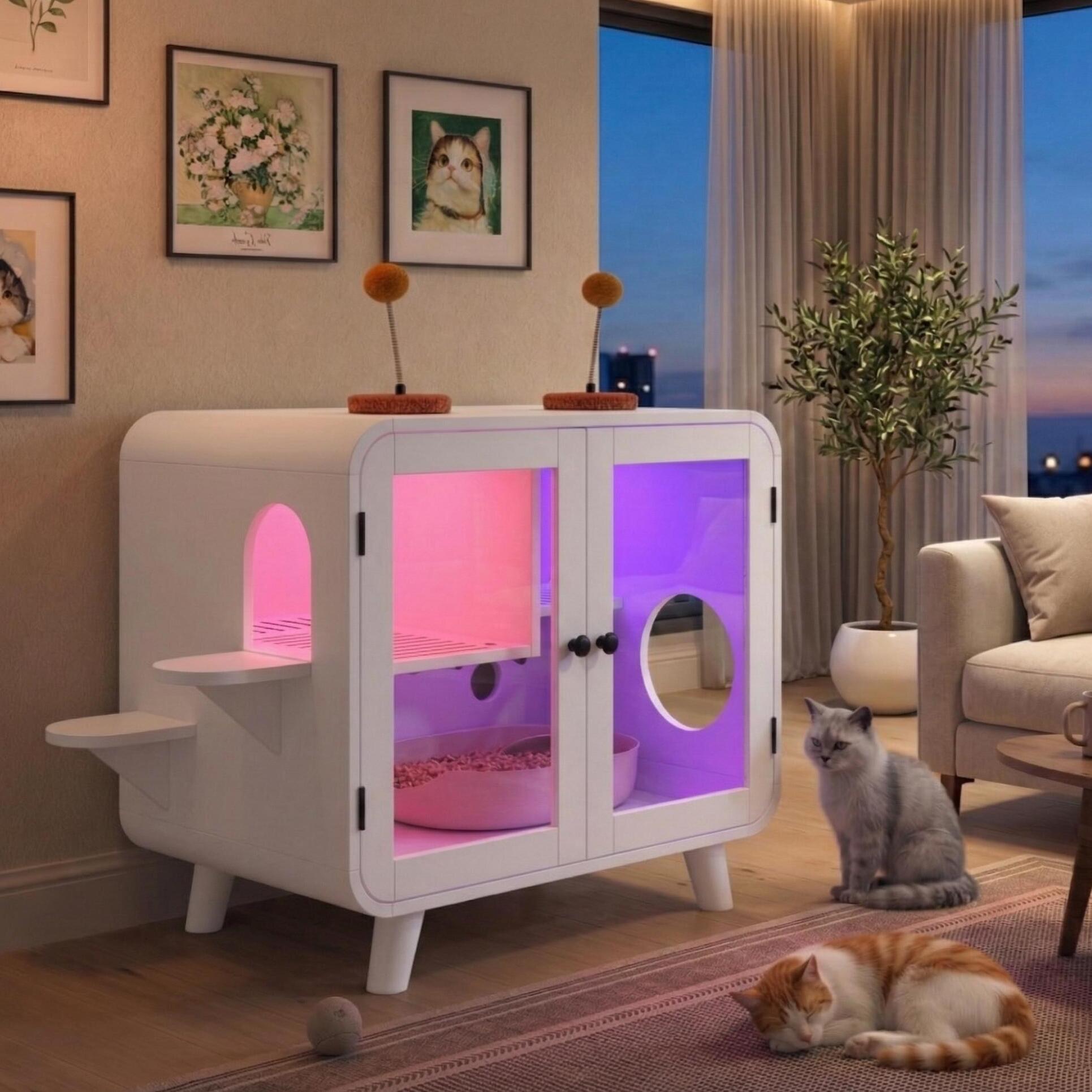 Cat Hidden Litter Box Enclosure with RGB LED Light by HouseOfZazla white pet furniture with pink on Tampa Home & Garden Store