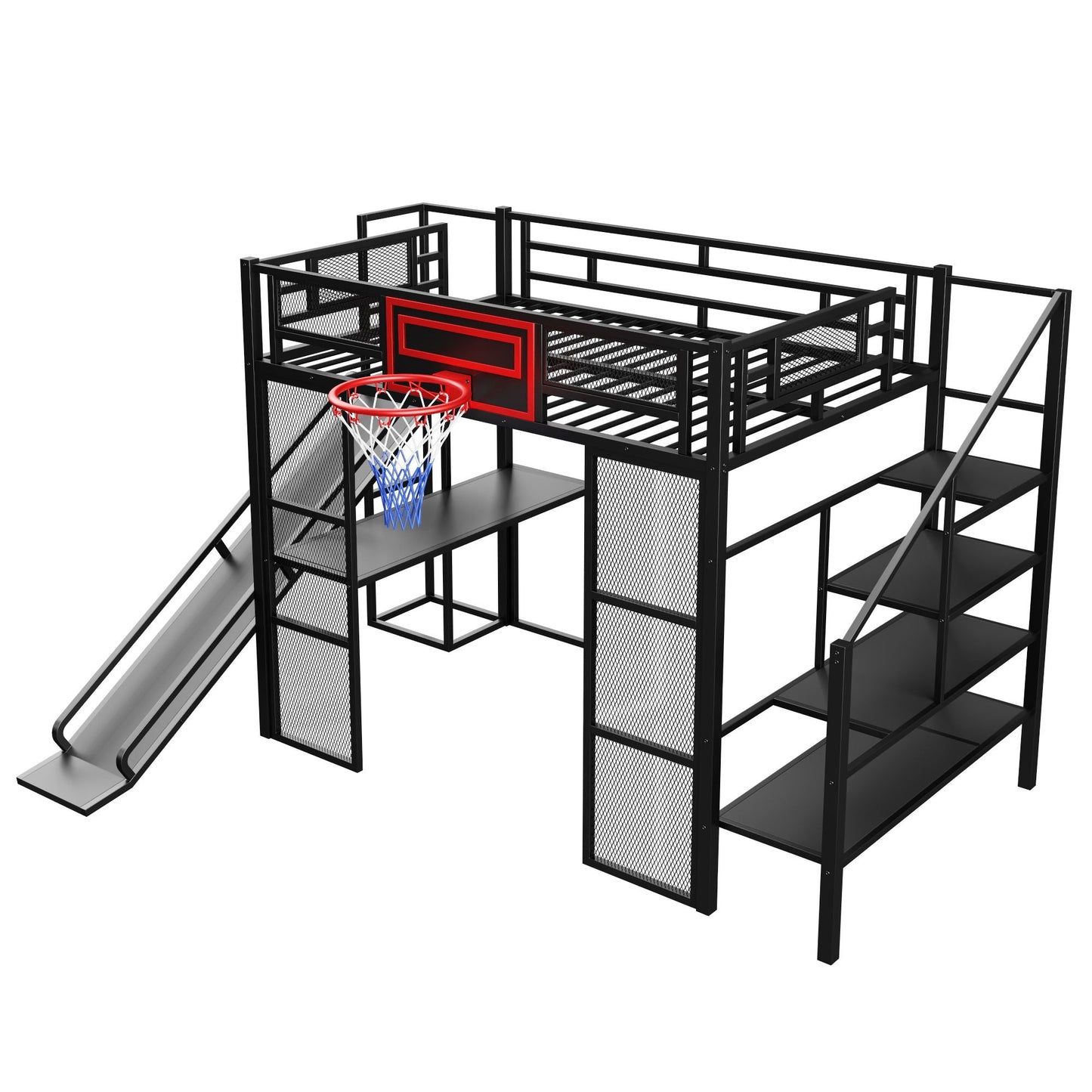 Loft bed by HouseOfZazla with black metal frame, basketball hoop and stairs on Tampa Home & Garden Store