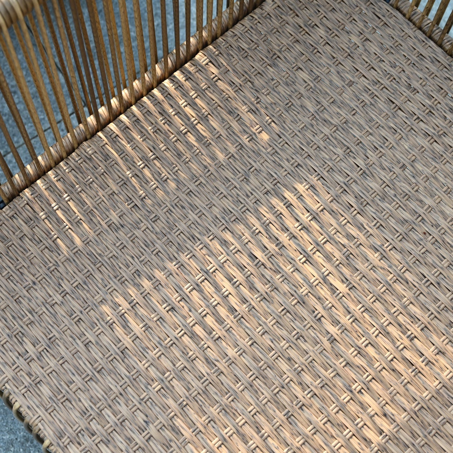 Outdoor PE wicker 2-seater sofa set brown woven seat close-up on Tampa Home & Garden Store