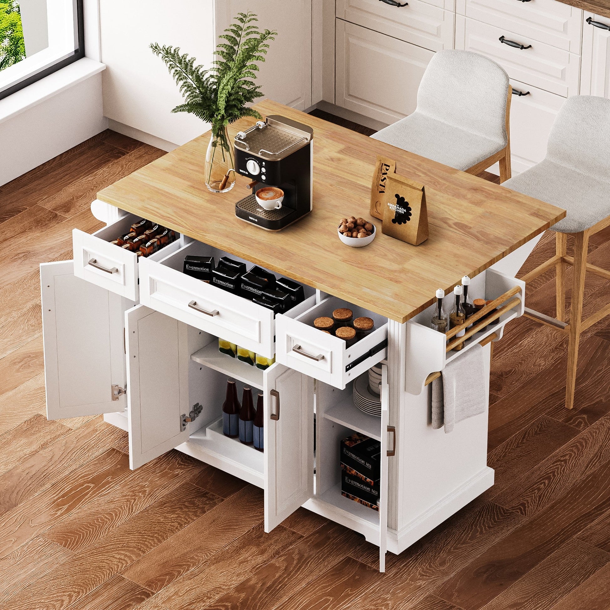 K&K 54-Inch Kitchen Island with Rubber Wood Drop Leaf, white cabinet, natural wood top, drawers on Tampa Home & Garden Store