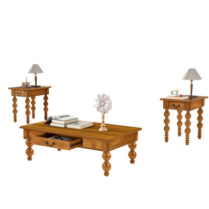 Rectangular wooden coffee table with storage drawer in warm brown finish with ornate turned legs on Tampa Home & Garden Store