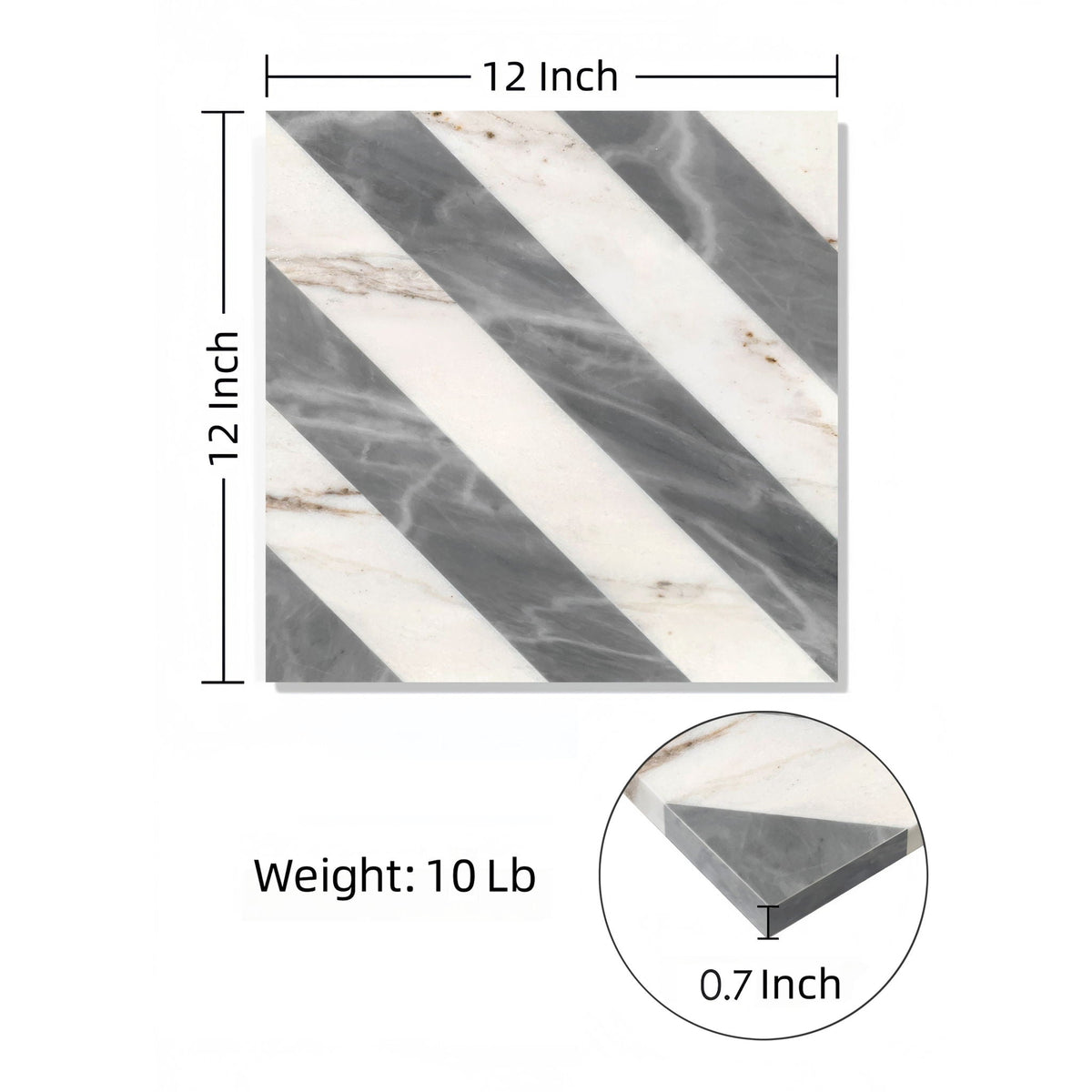 Marble tile 12x12 polished with dark gray and white diagonal stripes 0.7in thick HouseOfZazla on Tampa Home & Garden Store