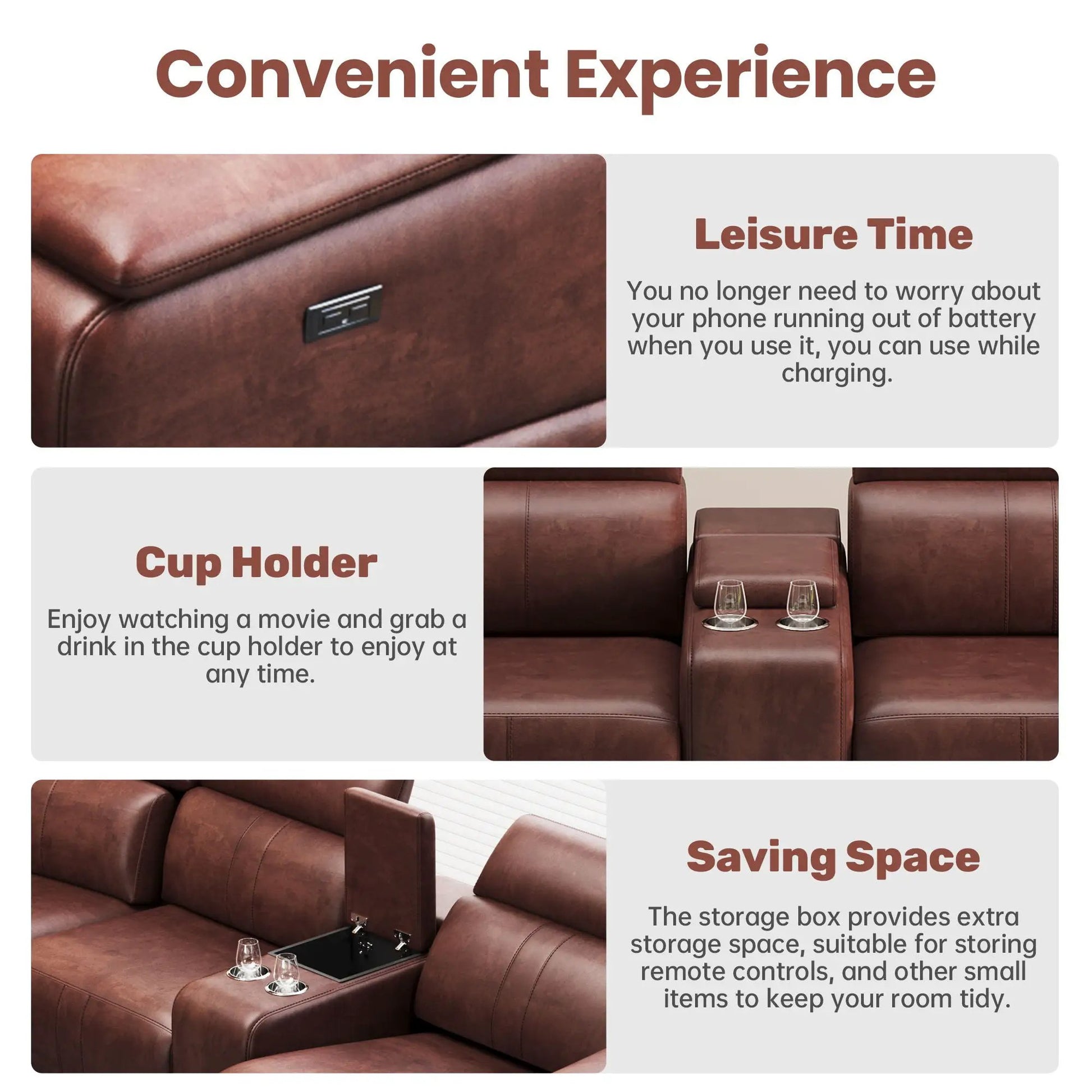 6-Piece Modular Sofa with Cup Holders and adjustable recliners in dark brown leather on Tampa Home & Garden Store