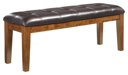 Ralene Upholstered Bench with dark brown tufted faux leather cushion and solid wood legs on Tampa Home & Garden Store