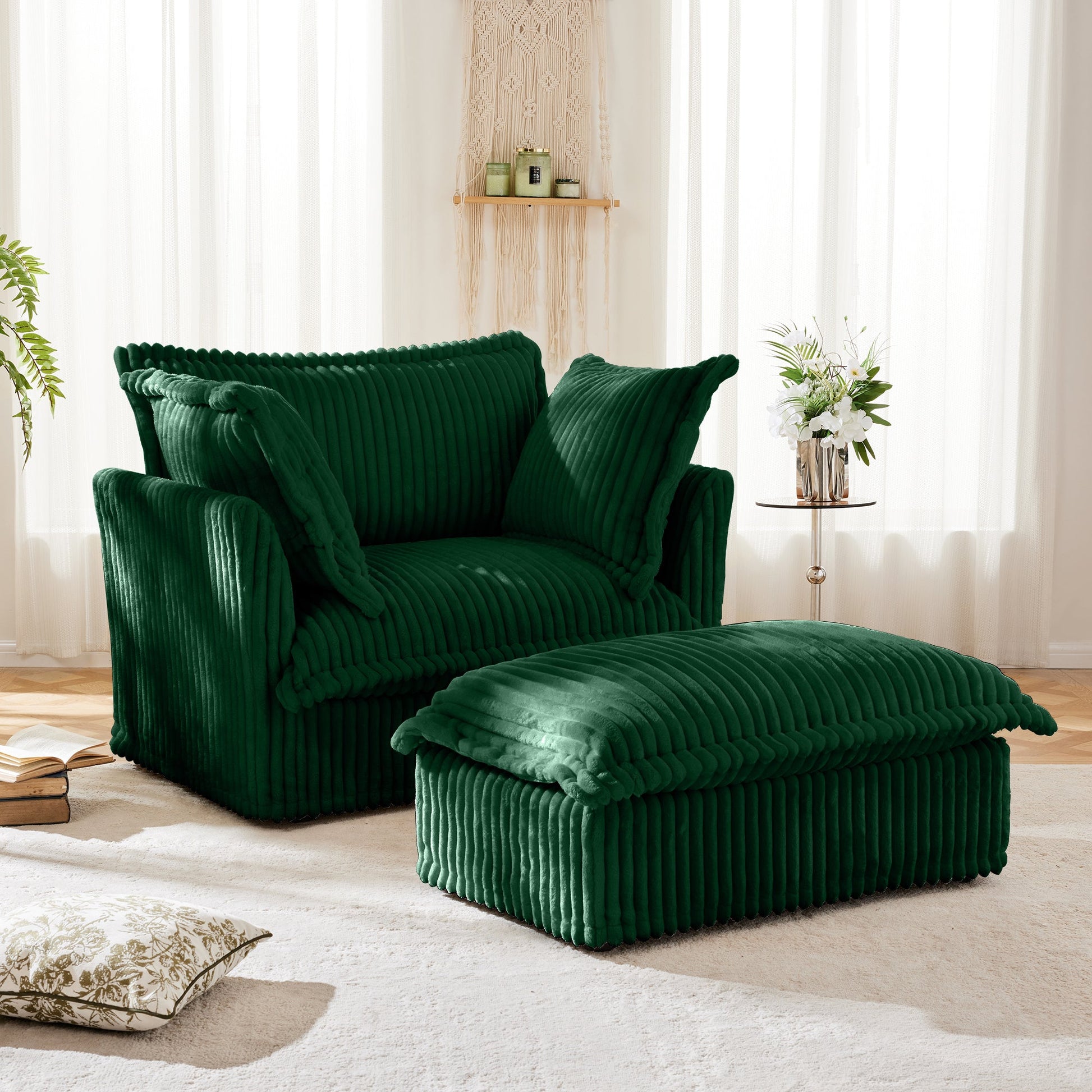Upholstered slipcovered armchair with ottoman 2pc in emerald green corduroy, HouseOfZazla on Tampa Home & Garden Store