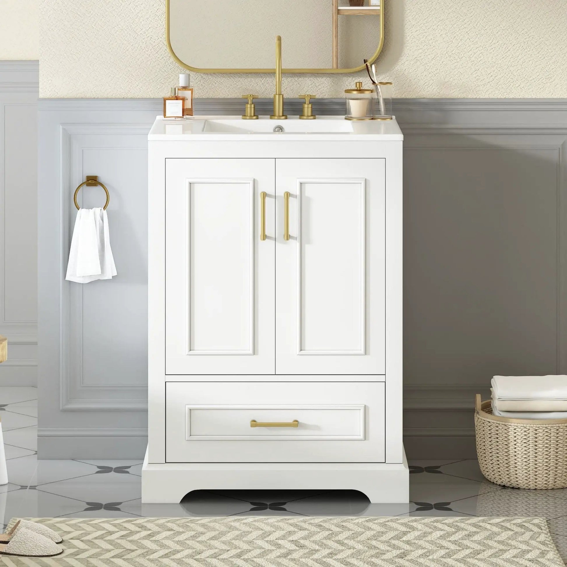 Bathroom vanity with sink, white cabinet, 1 divided drawer, 2 soft-close doors, gold hardware on Tampa Home & Garden Store