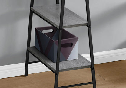 Computer desk with industrial black metal frame and gray shelves, purple storage bin on Tampa Home & Garden Store
