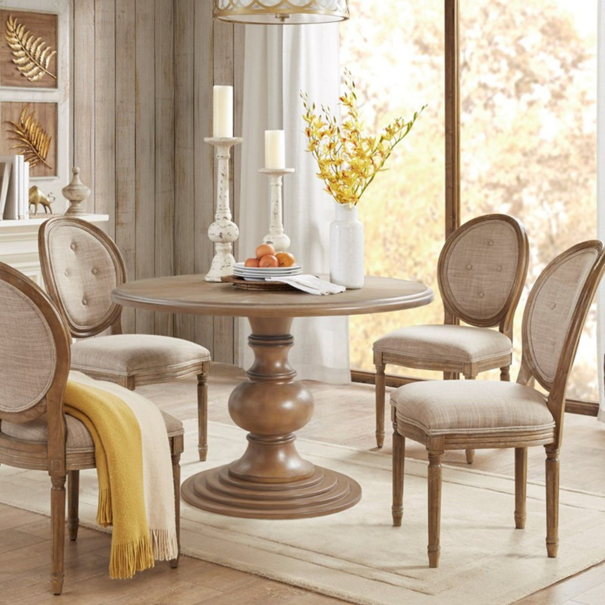 Walnut round pedestal dining table with diamond veneer and 6 upholstered chairs by HouseOfZazla on Tampa Home & Garden Store